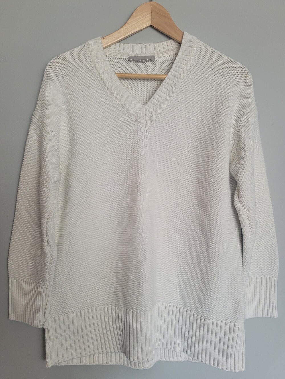 Everlane Link-Stitch V-Neck Pullover Sweater White Cream Cotton Small